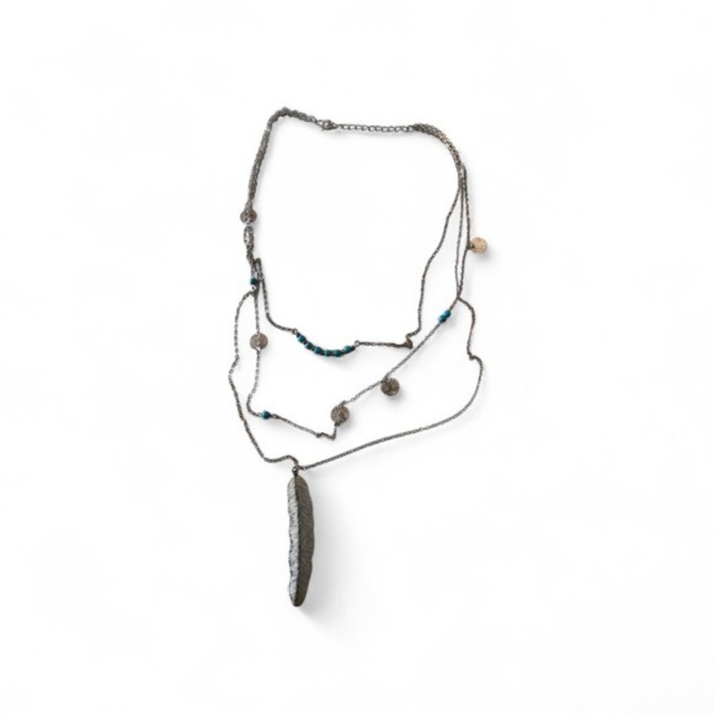 Boho Layered Feather Necklace Turquoise Silver Tone - Picture 3 of 6